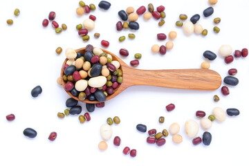 mixeda beans, beans, separated beans on white background, red beans, white beans and white beans on white