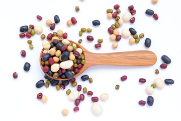 mixeda beans, beans, separated beans on white background, red beans, white beans and white beans on white