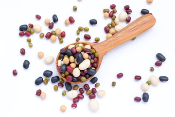mixeda beans, beans, separated beans on white background, red beans, white beans and white beans on white