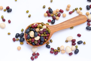 mixeda beans, beans, separated beans on white background, red beans, white beans and white beans on white
