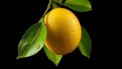 A bright yellow lemon with attached leaves against a dark backdrop, glistening with water droplets.