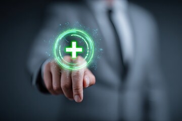 Businessman Pressing a Digital Plus Sign for Growth.