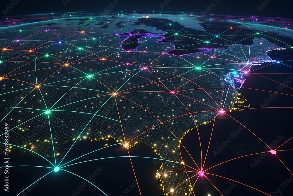 Aufkleber digital globe overlay with glowing network lines connecting cities across north america connection d