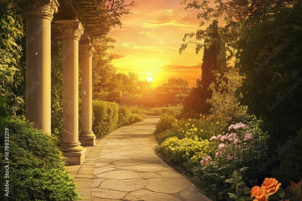 Poster sunset view of a garden path lined with flowers and elegant columns during golden hour