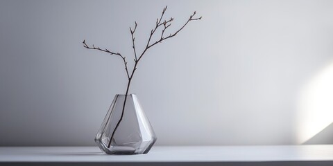 A clear glass vase holds a delicate branch with small twigs and buds against a muted gray wall. The vase is triangular and has a faceted design.