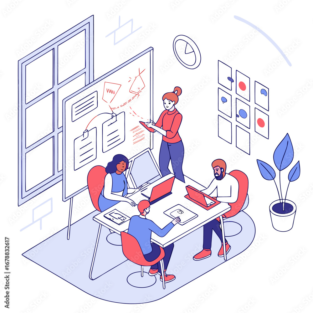 Poster isometric view of a team collaborating in a meeting room with laptops and a whiteboard presentation