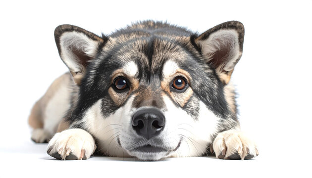 Cute husky puppy resting calmly on white backdrop - Powered by Adobe