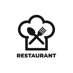 Black Chef Hat Icon with Spoon and Fork Symbol on White Background Design