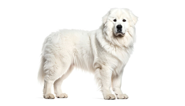 Great pyrenees standing attentively in studio on white backdrop