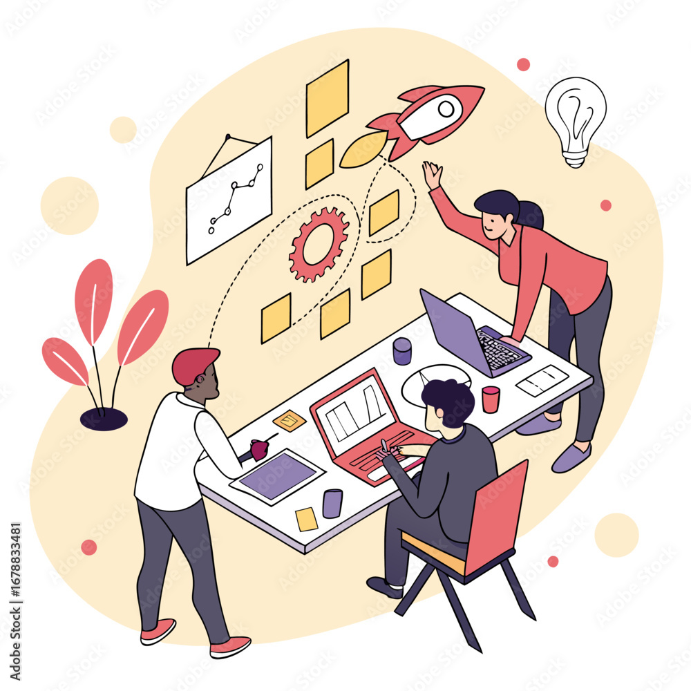 Poster illustration of a collaborative team working on a project with a rocket launch and brainstorming ide