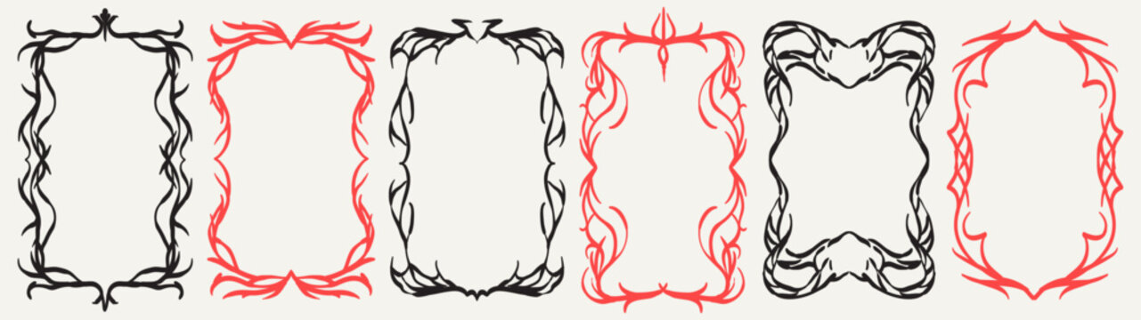 Gothic vector dark fantasy vintage frame set. Medieval demon tribal spike decor for Halloween invitation. Symmetric silhouette border for game menu design. Baroque mirror shape frame collection.