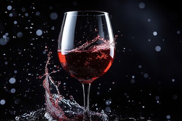 Splashing red wine in elegant glass against black background capturing motion energy and luxury beverage concept