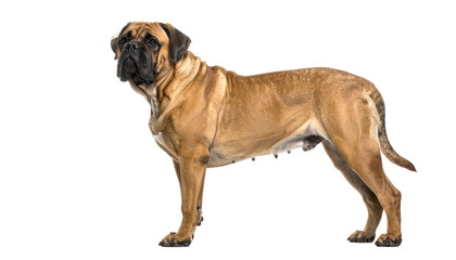 Adult bullmastiff standing looking at camera against white backdrop