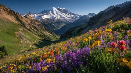 Beautiful Wildflower Meadow with Snow-Capped Mountain View – Stunning Nature Landscape