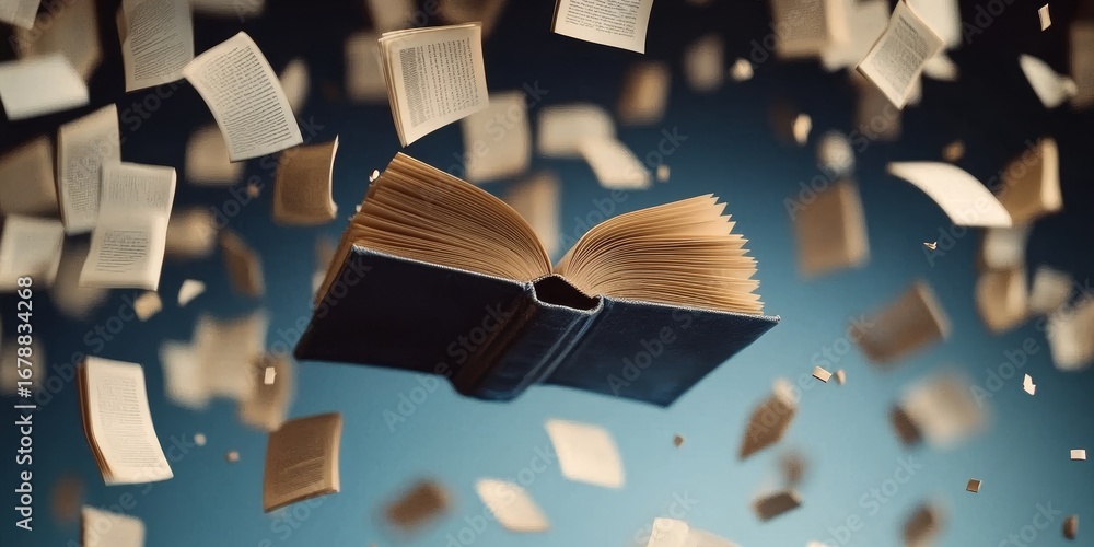 Poster open book flying through the sky, spreading knowledge and imagination with every page turn