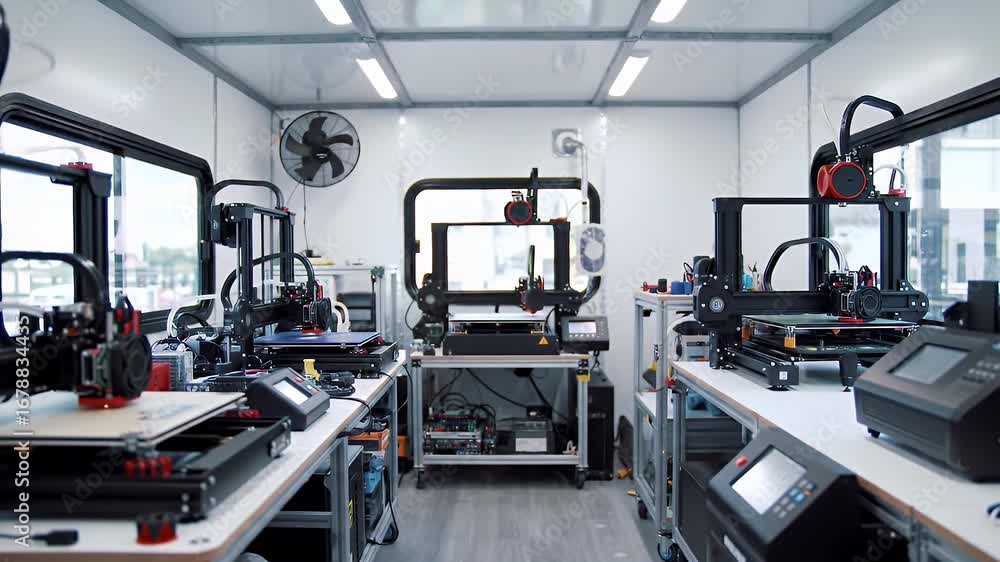 Poster mobile rapid prototyping workshop interior with multiple 3d printers on white tables and natural lig