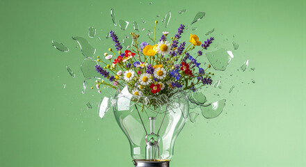 Shattering Lightbulb Exploding with Colorful Wildflowers Inside