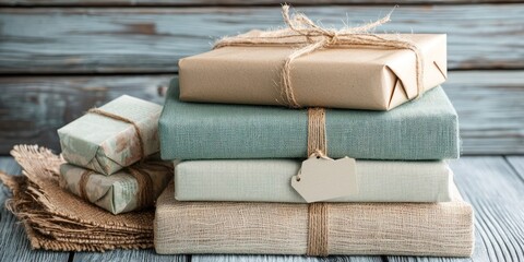 A stack of wrapped gifts sits on a weathered wooden surface. The gifts are wrapped in various shades of beige, blue, and brown paper, secured with twine and small tags. 
