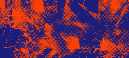 Abstract halftone pattern with red and blue graffiti splashes and drips on dark background, representing modern street art and pop art concept. Vector illustration