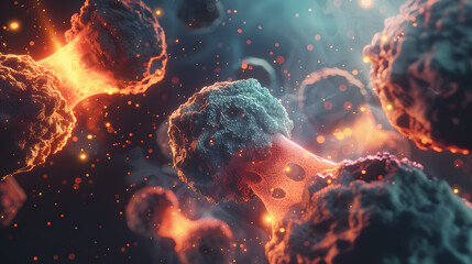 A glowing 3D illustration of cancer cell division