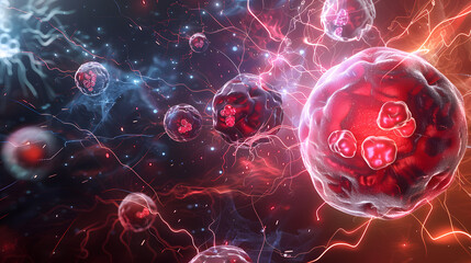 Glowing 3D illustration of cancerous cell division