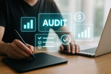A person uses a digital pen and tablet to conduct an audit, displaying financial data and checklist elements on a transparent screen.