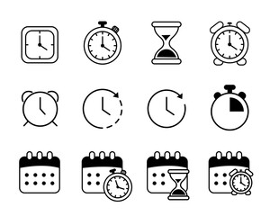 알람 시계 날짜 달력 라인드로잉 아이콘 세트(clock calendar line drawing icon set)