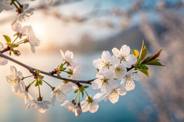 Delicate cherry blossom branch in soft morning light by a serene lake with blurred background