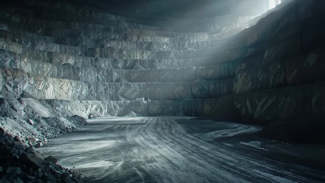 Open Phosphate Rock Mine Excavation Site Under Bright Light Showing Terraced Landscape with Tire Tracks Resource Extraction Industrial Activity and Quarrying Landscape No People