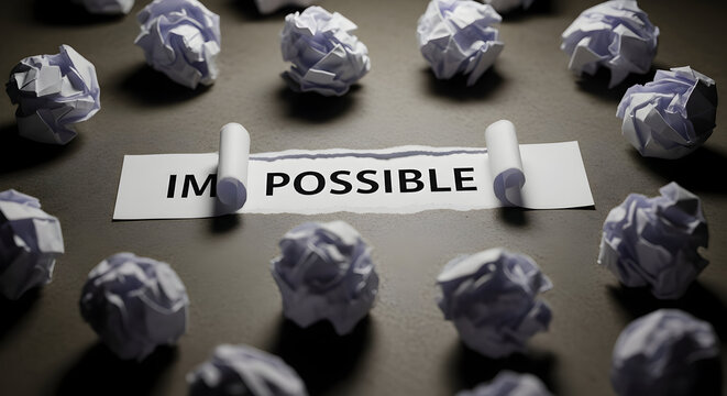 Torn paper revealing the word “POSSIBLE” from “IMPOSSIBLE” with crumpled notes around symbolizing motivation, mindset shift and overcoming obstacles