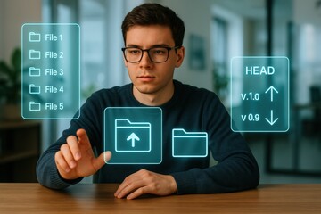 A focused young person interacts with a holographic interface, showcasing file management and software versioning.