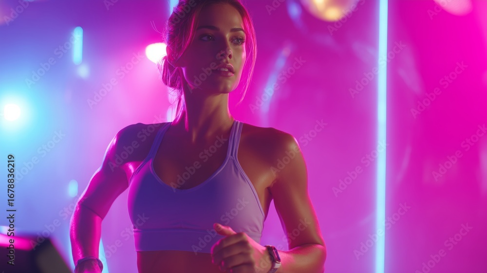 Poster fitness enthusiast running in a vibrant studio with dynamic lighting for an energetic workout sessio
