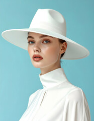 Elegant woman wearing a white hat, in the style of retrofuturism, with a blue background