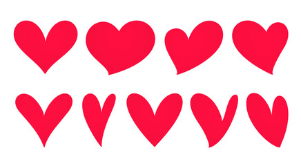 Set of red hearts on white background. Various simple hearts in different styles.