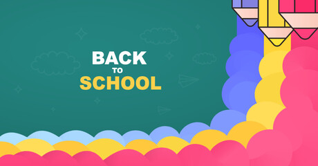 Back to school banner with color pencils. School supplies banner template. Simple educational poster
