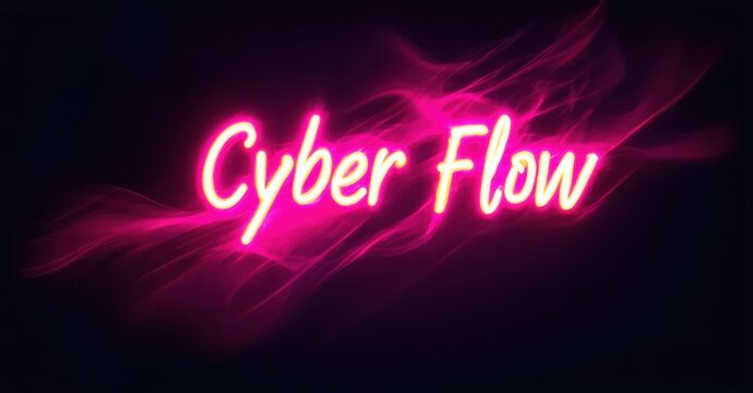 Bright pink text reads Cyber Flow over dark purple background. Swirling shapes suggest energy, movement, digital aesthetic. - Powered by Adobe