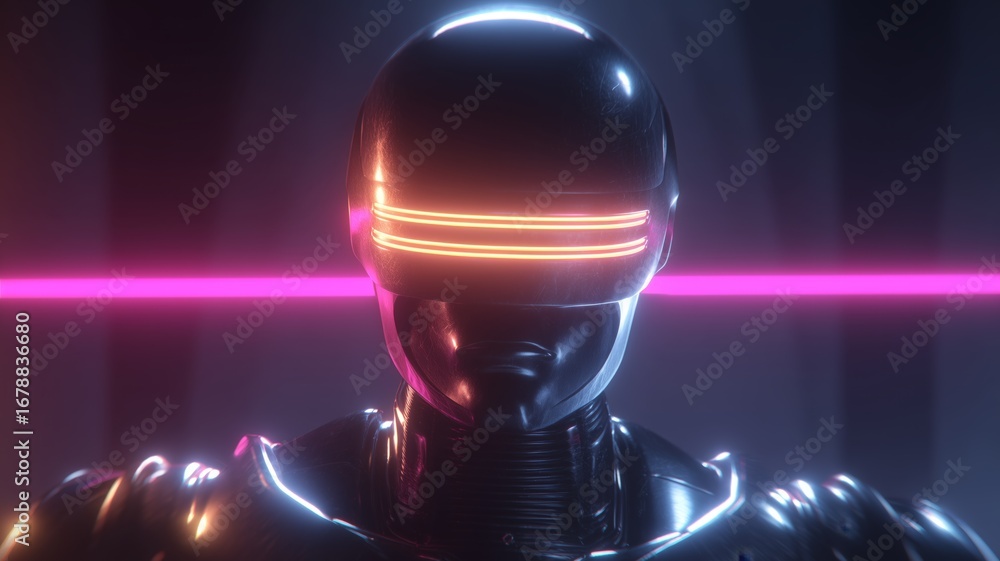 Poster futuristic ai robot standing in a neon-lit environment, representing the intersection of technology 
