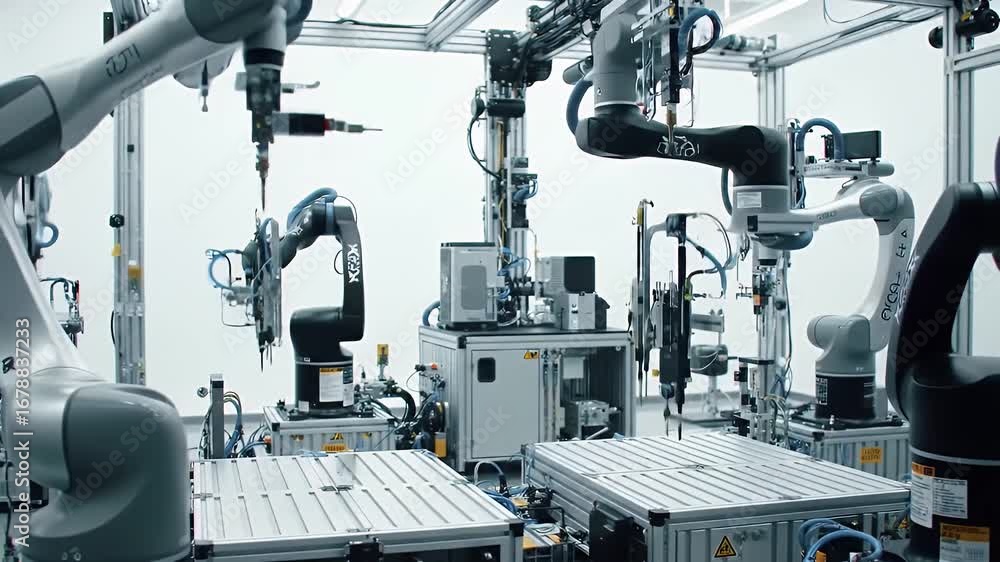 Poster robotic arms in human robot interaction lab performing automated task in white background perfect fo