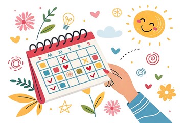 Hand Holding Calendar with Marked Dates Surrounded by Flowers and Sun image photo