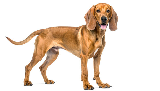 Redbone coonhound standing alert with floppy ears on white backdrop