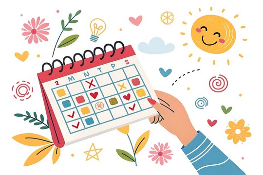 Hand Holding Calendar with Marked Dates Surrounded by Flowers and Sun image photo