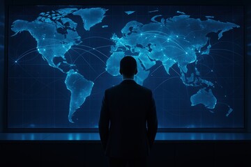 A person contemplates a global network map displayed on a large screen, showcasing international connections.