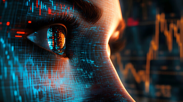 Abstract robot face with stock market charts reflect, Robot program trading - Powered by Adobe