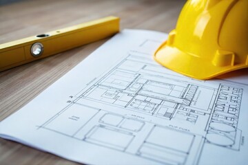 Architect's blueprint spread on a table beside a hard hat and construction level, signifying the planning and execution phases of a building project , hard hat, building materials