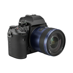 Fototapeta premium Modern black digital camera with blue lens on transparent background