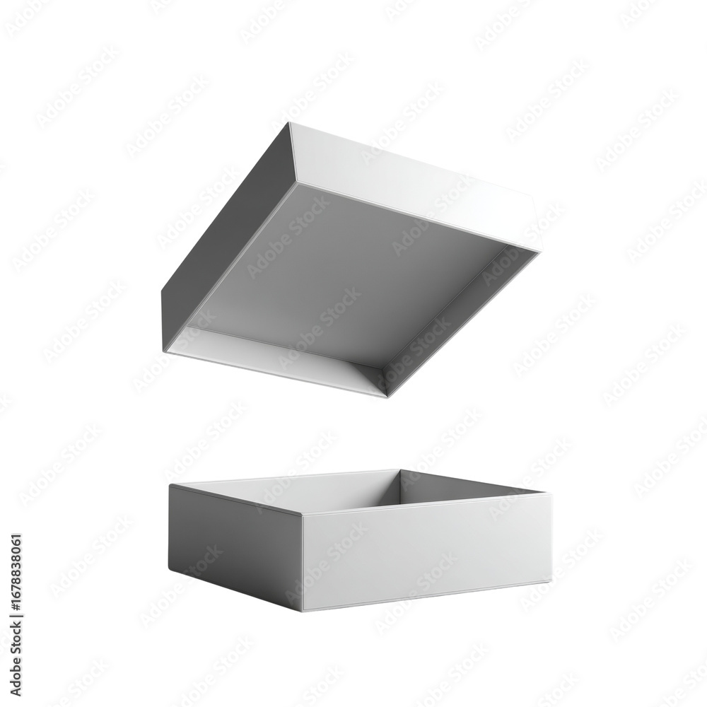 Poster elevated perspective of a minimalistic white box and lid on transparent setting reveals depth and