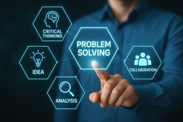 A person interacts with a digital interface highlighting the interconnectedness of problem-solving, critical thinking, idea generation, analysis, and collaboration.