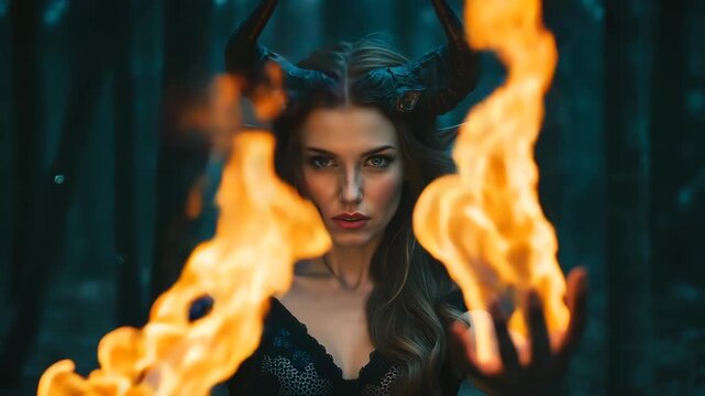 Woman as demonic creature with horns in dark forest. Eerie fantasy portrait with flames. Halloween horror concept, gothic character, 4K Video