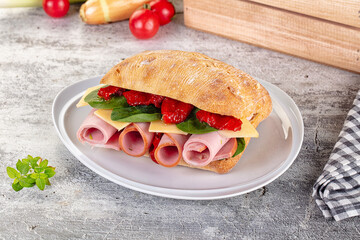 Ciabatta with mortadella, tomato, cheese and spinach