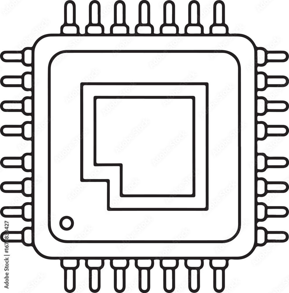Aufkleber black and white line drawing of a computer microchip with many pins
